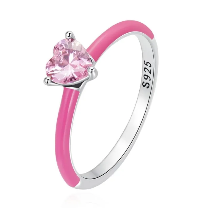 AnillosCorazón de circón rosa / circón cuadrado azul - anillo de plata de ley 925