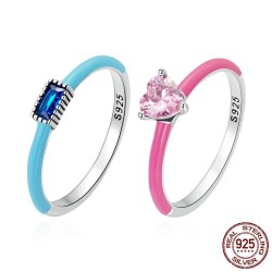 Rosa zirkon hjerte / blå firkantet zirkon - 925 sterling sølv ring