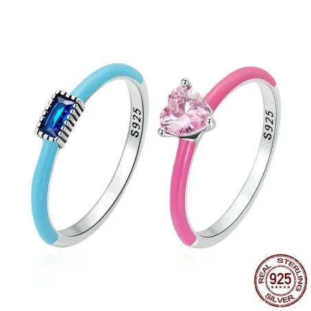 Pink zirkon hjerte / blå firkantet zirkon - 925 sterling sølv ring