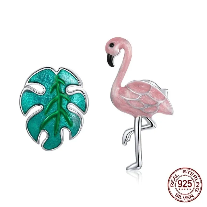 925 sterling sølv øreringe - pink flamingo / grønt blad