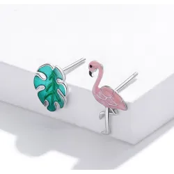 AretesPendientes de plata de ley 925 - flamenco rosa / hoja verde