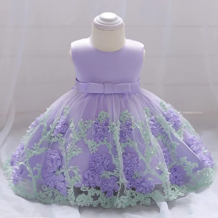 Elegant pigekjole - blomsterchiffon - lynlås - sløjfe