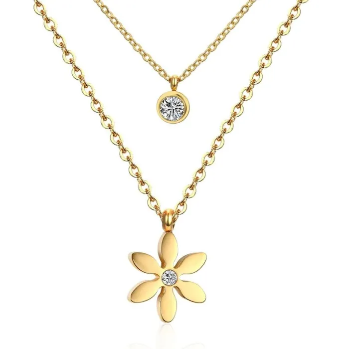 Pendentif fleur avec cristal - collier double chaîne - acier inoxydable