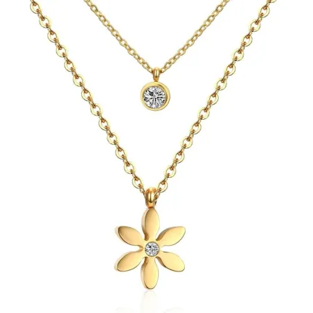 Pendentif fleur avec cristal - collier double chaîne - acier inoxydable