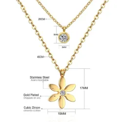 Pendentif fleur avec cristal - collier double chaîne - acier inoxydable