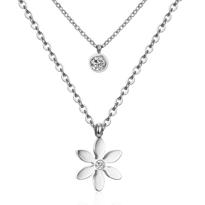 Pendentif fleur avec cristal - collier double chaîne - acier inoxydable