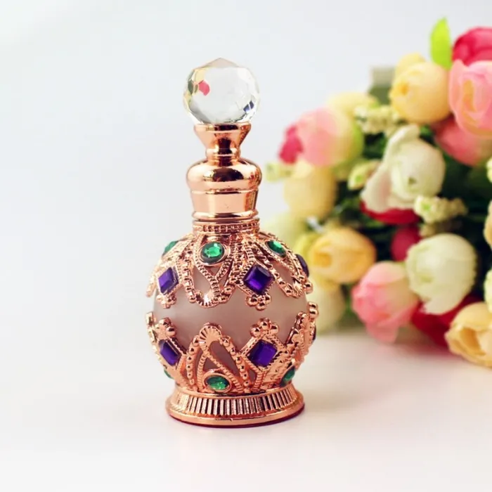 Bottiglia di profumo in metallo vintage - con contagocce in vetro - cristalli - 15 ml