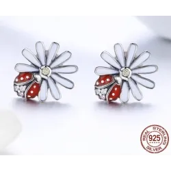 Boucles d'oreilles marguerite blanche / coccinelle cristal - argent 925