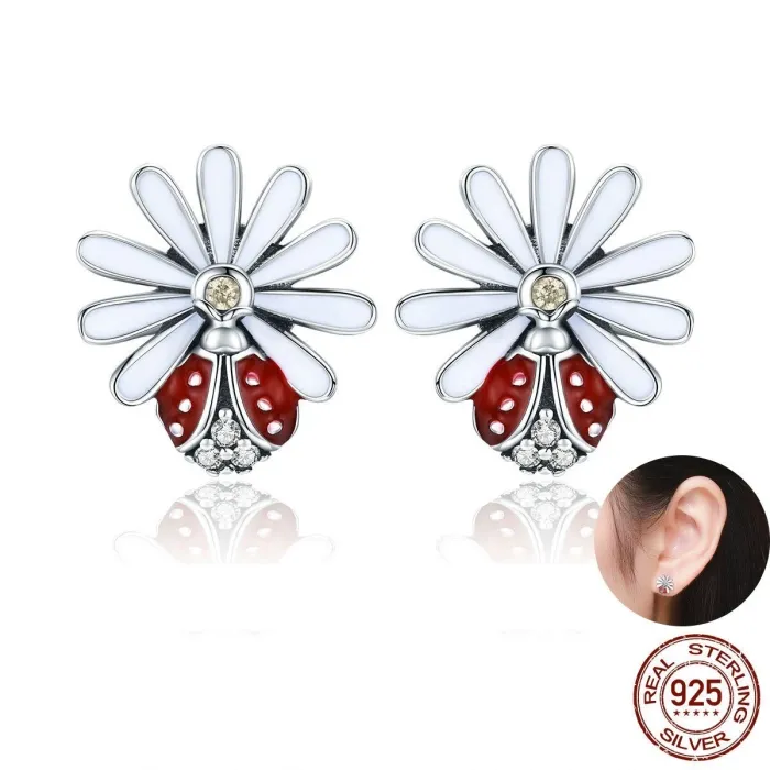 AretesPendientes margarita blanca / mariquita de cristal - plata de ley 925
