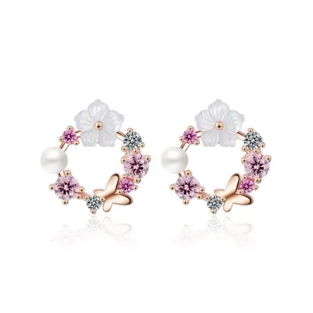 Small round earrings - butterfly - flowers - pearl - cubic zirconia - 925 sterling silverEarrings