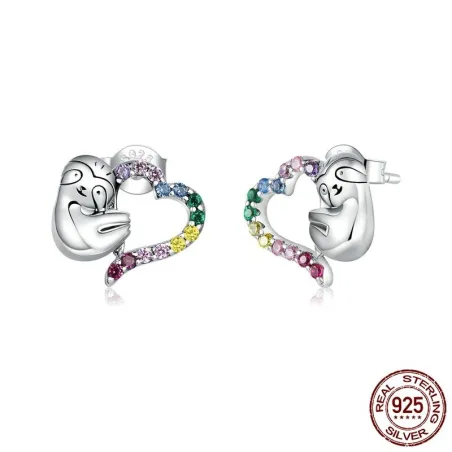 AretesPerezoso lento con corazón de circonitas de colores - Plata de ley 925