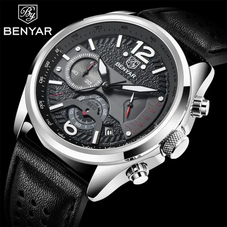 BENYAR - sports quartz ur - vandtæt - læderrem