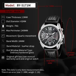 BENYAR - montre de sport à quartz - étanche - bracelet cuir