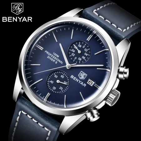 BENYAR - sport quartz horloge - 100m waterdicht - leren bandHorloges