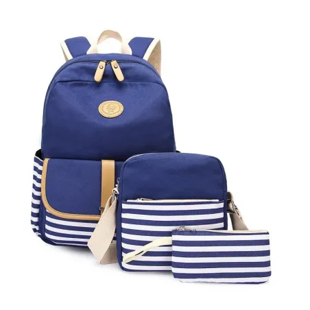 Gestreifter Leinenrucksack - Schultasche - 3-teiliges Set