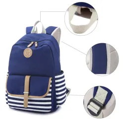 Gestreifter Leinenrucksack - Schultasche - 3-teiliges Set