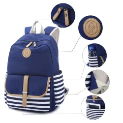 Gestreifter Leinenrucksack - Schultasche - 3-teiliges Set