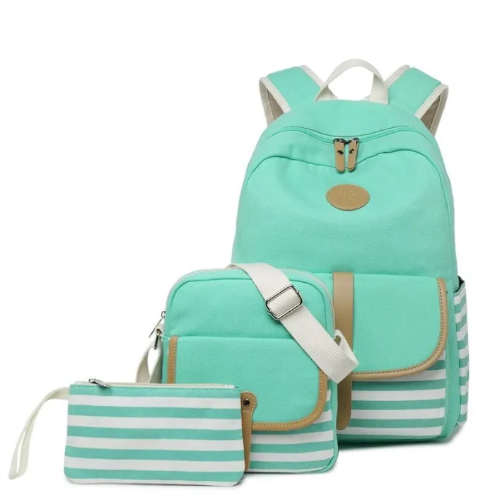 Gestreifter Leinenrucksack - Schultasche - 3-teiliges Set