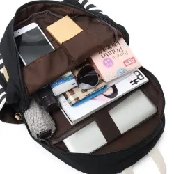 Gestreifter Leinenrucksack - Schultasche - 3-teiliges Set