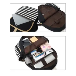 Gestreifter Leinenrucksack - Schultasche - 3-teiliges Set