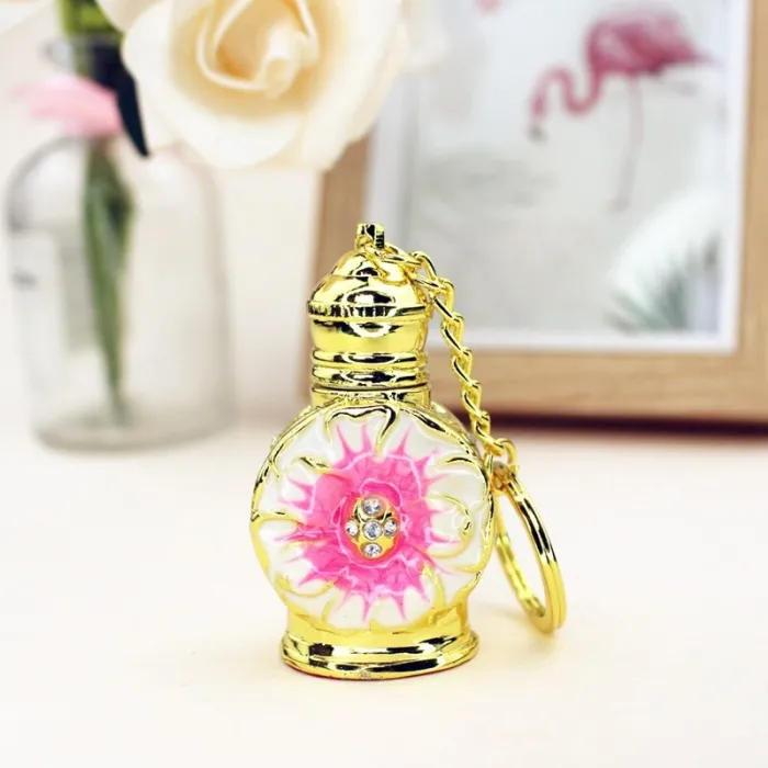 Vintage metal parfumeflaske - glasbeholder - med dråber - nøglering - 3ml