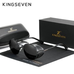 KINGSEVEN - okrągłe okulary przeciwsłoneczne w stylu retro - w stylu steampunk - wydrążona ramka z klapkąOkulary Przeciwsłone...