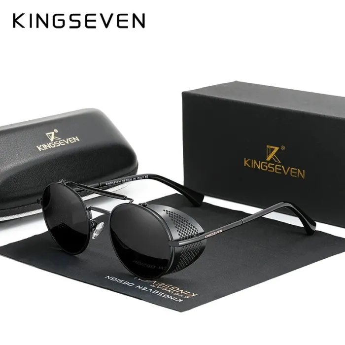 KINGSEVEN - lunettes de soleil rondes rétro - style steampunk - cadre rabattable évidé