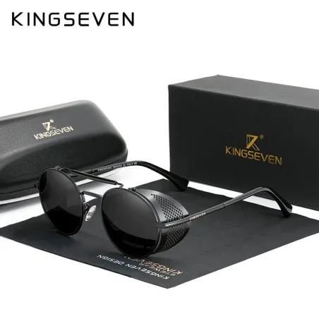 KINGSEVEN - lunettes de soleil rondes rétro - style steampunk - cadre rabattable évidé