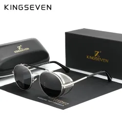 KINGSEVEN - lunettes de soleil rondes rétro - style steampunk - cadre rabattable évidé