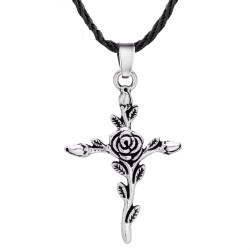 Pendentif croix rose - collier corde