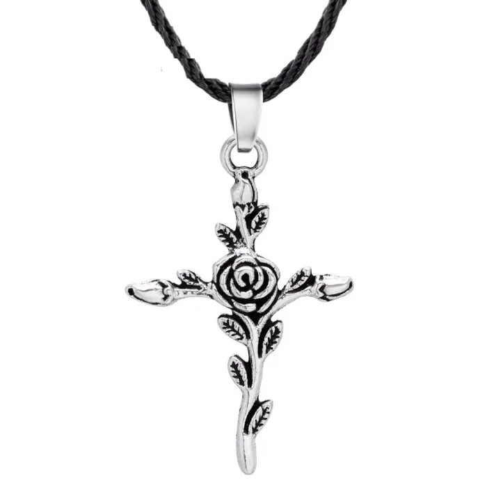 CollarColgante de cruz rosa - collar de cuerda