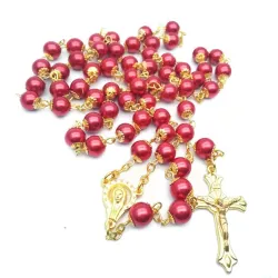 Røde/hvide perleperler rosenkrans