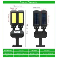 Solcellegatelys - dobbelthodet lampe - PIR bevegelsessensor - vanntett - 200 COB - 3000mAh