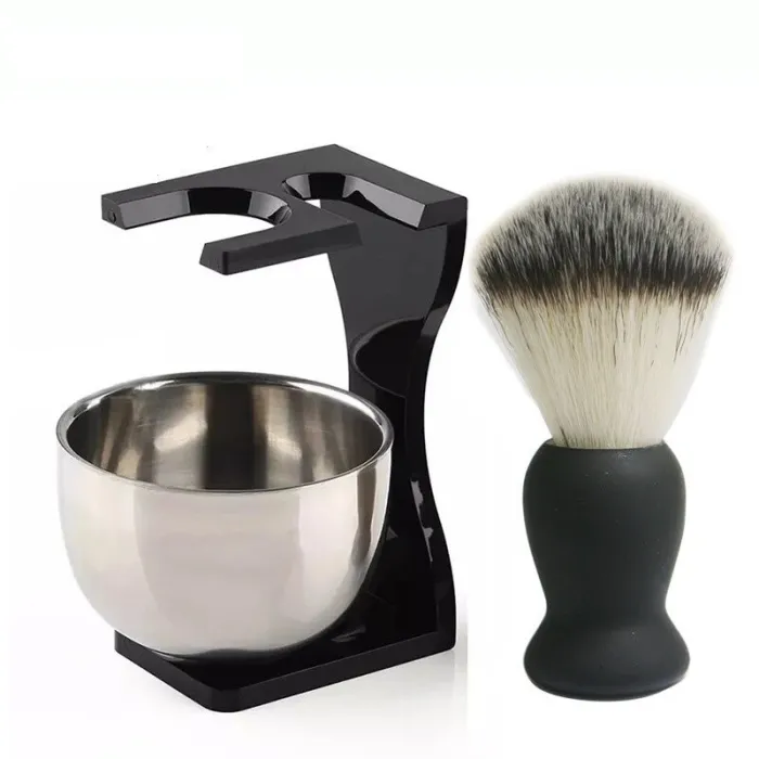 Professionelt skægbarbersæt - børste - skål i rustfrit stål - med stativ