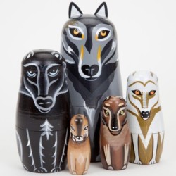 Lobo de madeira pintado à mão - bonecas aninhadas - Matryoshka russa - 5 peças