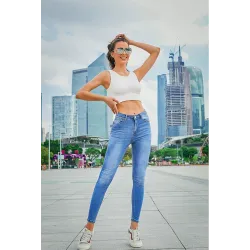 Bleistiftjeans mit hoher Taille - Stretch-Lycra - Slim