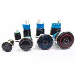 Sort trykknappbryter LED - vanntett - øyeblikkelig selvtilbakestilling - 12mm / 16mm / 19mm / 22mm - 5V / 12V / 220V