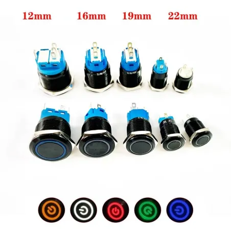 Interruttore a pulsante nero LED - impermeabile - autobloccante fisso - 12mm / 16mm / 19mm / 22mm - 5V / 12V / 220V