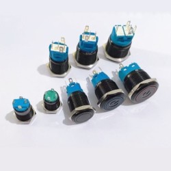 Botão de pressão preto LED - à prova d'água - autotravamento fixo - 12mm / 16mm / 19mm / 22mm - 5V / 12V / 220V