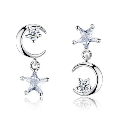 Boucles d'oreilles asymétriques étoile/lune - avec cristaux