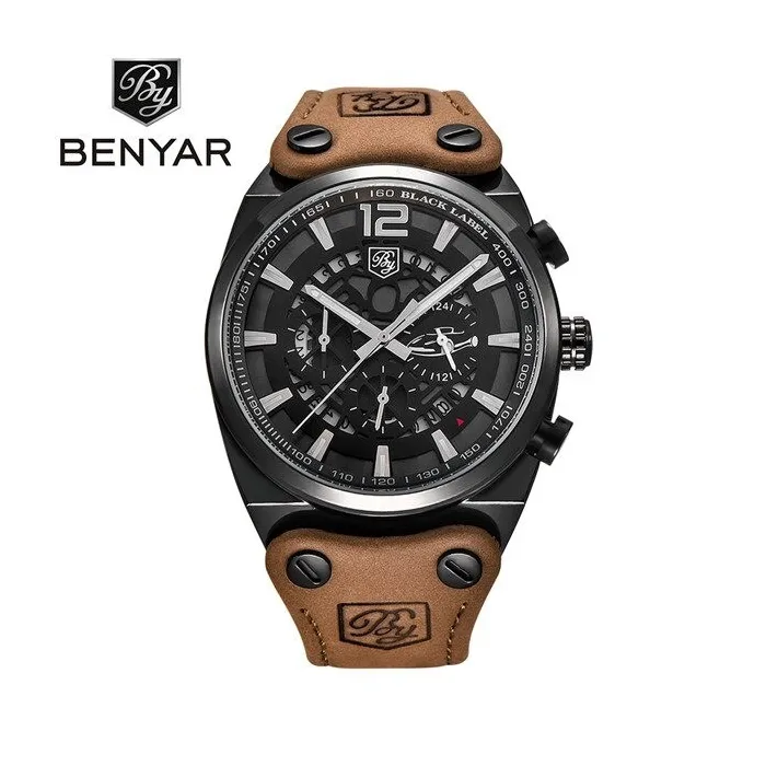 BENYAR - sports quartz ur - vandtæt - læderrem