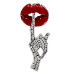 Kristallbrosch - röda läppar / Be Quiet gest