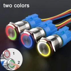 Interruptor de botão de metal - LED de duas cores - à prova d'água - reinicialização momentânea - 12V - 220V - 199mm - 22mm