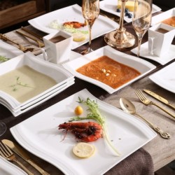 Elegancka zastawa stołowa - biały porcelanowy zestaw obiadowy - filiżanki - spodki - talerzeSztućców