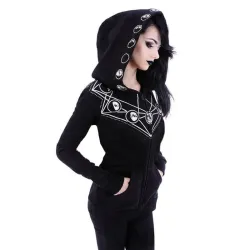 Schwarzer Halloween-Hoodie - mit Reißverschluss - weißer Druck im Gothic-Stil