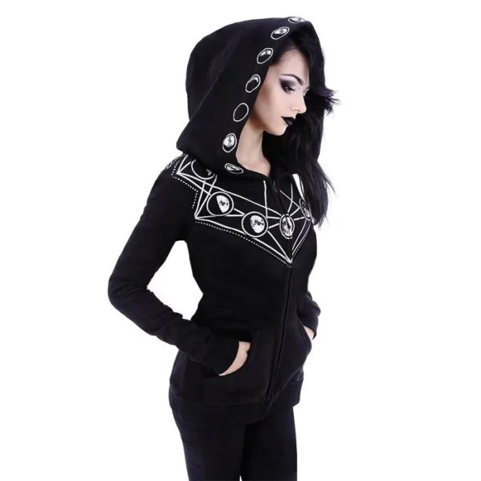 Moletom preto de Halloween - com zíper - estampa branca estilo Gothic