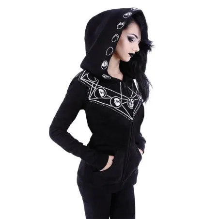 Halloweenowa czarna bluza z kapturem - z zamkiem - biały nadruk w stylu GothicBluzy & Swetry