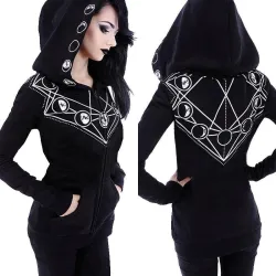 Halloween sort hettegenser - med glidelås - hvitt trykk i Gothic stil
