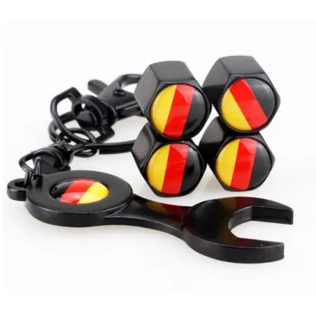 Zawory do kół samochodowych - metalowe zaślepki - z kluczem - brelok - logo flagi Niemiec - 4 sztukiNakrętki zaworów
