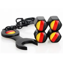 Bilhjulsventiler - metallkåpor - med skiftnyckel - nyckelring - logotyp för Tysklands flagga - 4 st
